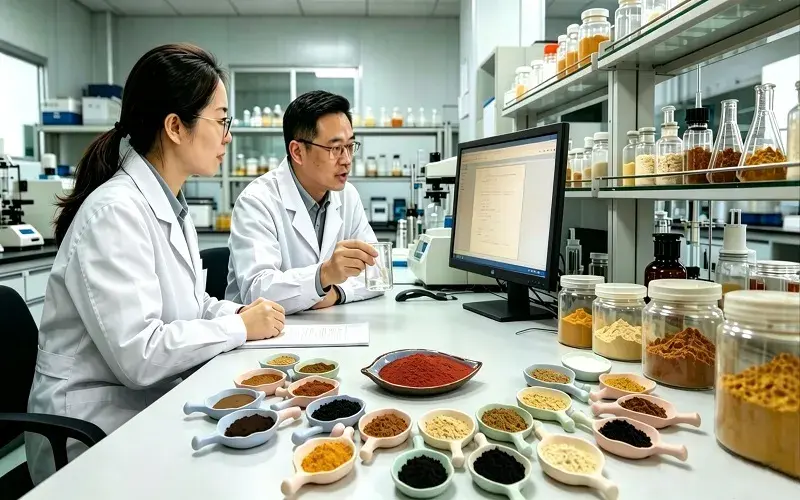 A picture shows the R&D personnel conducting tests on the product in the laboratory or conducting detailed research on a certain formula.